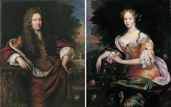 Portrait of Jan van der Haer (b., three-quarter-length, in a gold brocade coat with a red cape, leaning against a pedestal, a garden beyond; and Portrait of Helena van der Haer, née Stoutenburgh (1663-1702), seated three-quarter-length in an orange silk dress set with lace and a gold-embroidered green silk wrap, on a terrace before a wooded landscape by Jan de Baen