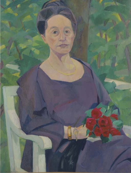 Portrait of a woman holding red roses by Natan Altman, 1922