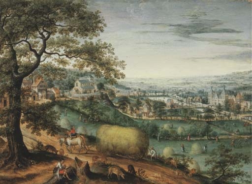Artwork by Marten van Valckenborch, An extensive river landscape with peasants haymaking, a view of Arenberg Castle beyond, Made of oil on panel