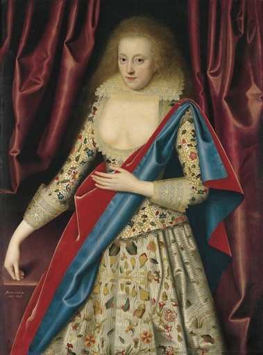 Portrait of lady, probably Lady Thornhagh, three-quarter-length, in an embroidered bodice and an embroidered dress, with a pale yellow lace collar, and a blue and red mantle over her left shoulder, beside a table, flanked by draped curtains by William Larkin, 1580, 1617