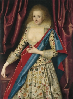 Portrait of lady, probably Lady Thornhagh, three-quarter-length, in an embroidered bodice and an embroidered dress, with a pale yellow lace collar, and a blue and red mantle over her left shoulder, beside a table, flanked by draped curtains - William Larkin