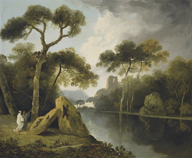 A river landscape with monks conversing by a pair of megaliths, ruins beyond by William Hodges