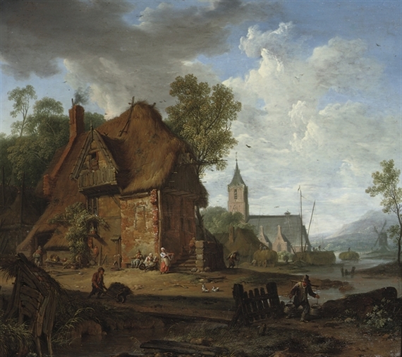 Artwork by Hendrick de Meyer the Younger, A farmhouse with peasants working by a river, Made of oil on panel