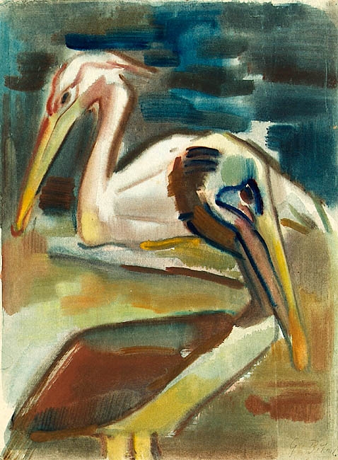 Artwork by Gerd Böhme, Zwei Pelikane, Made of watercolor on cardboard