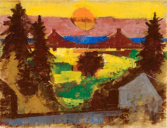 Sonnenscheibe über Brücke "Blaues Wunder". by Hermann Glöckner, 1956