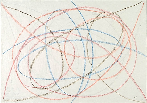 Schwünge in Blau, Braun u. zwei Rottönen, 6.9.83. by Hermann Glöckner, 1983