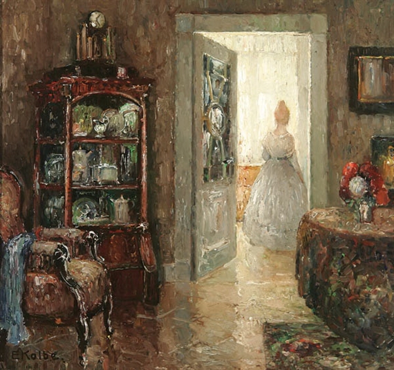 Interior Scene with Woman in Sunlit Room by Ernst Kolbe