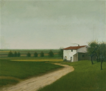 Kleines, weisses Haus in weiter Landschaft. - Max Radler