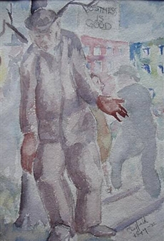 A watercolor street scene featuring a central figure in a hat and coat, rendered with loose brushstrokes and muted tones.