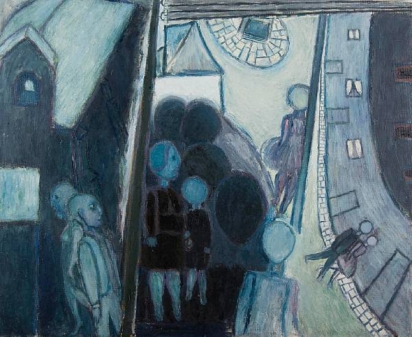 Artwork by Ernest Zobole, Rhondda Houses with figures, Made of oil on board