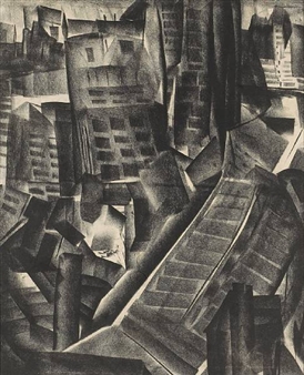 A monochromatic urban landscape rendered in a fragmented, geometric style.