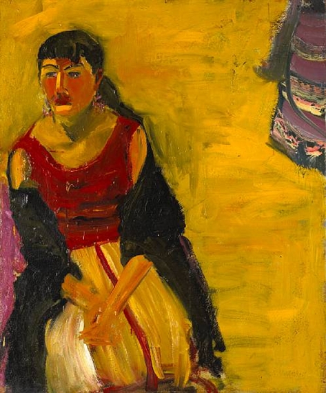 A bold, expressive portrait of a seated figure in vibrant red and yellow tones.