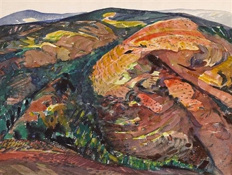 A vibrant landscape painting of rolling hills rendered in bold, expressive strokes.