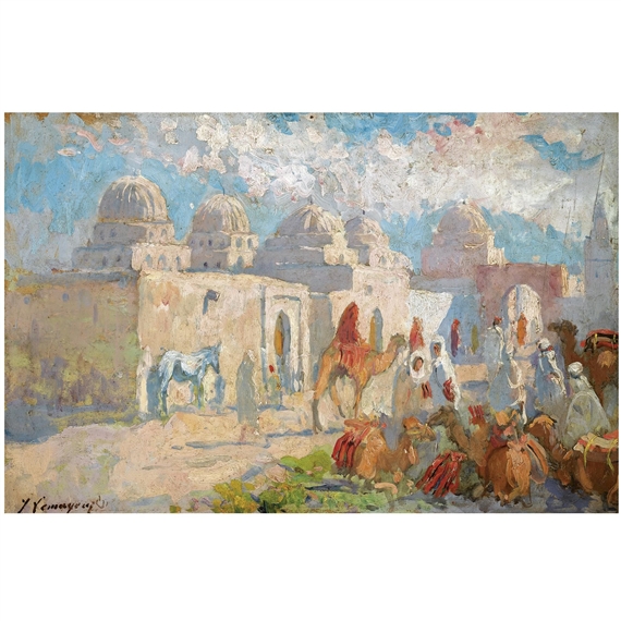 A camel market before the town gates, Africa by Adrien Jean Le Mayeur de Merprés