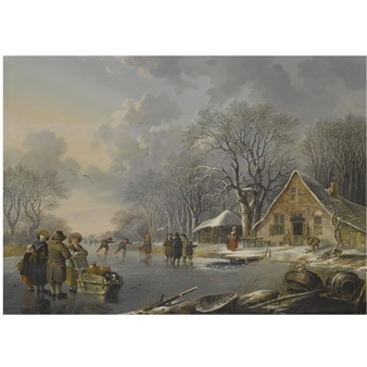 a winter landscape with skaters on a frozen river near an inn - Andries Vermeulen