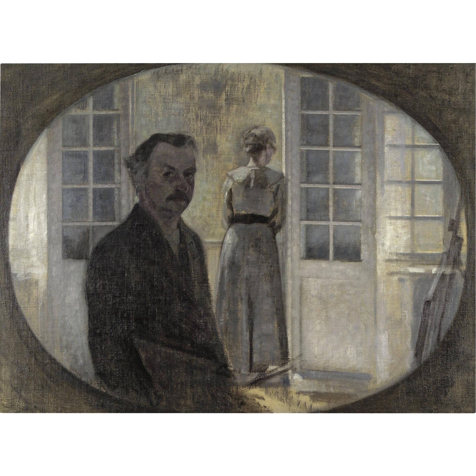 Interiør med kunstneren og hans hustru (Double portrait of the artist and his wife, seen through a mirror) by Vilhelm Hammershøi, FullFormat:,year,1911