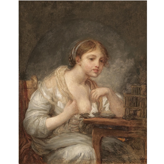 A young woman with a birdcage by Jean-Baptiste Greuze