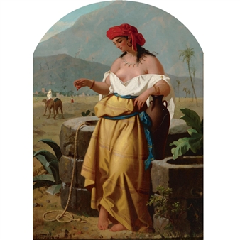A young hay gatherer and a water carrier by the fountain: a pair of paintings - Enrico Fanfani