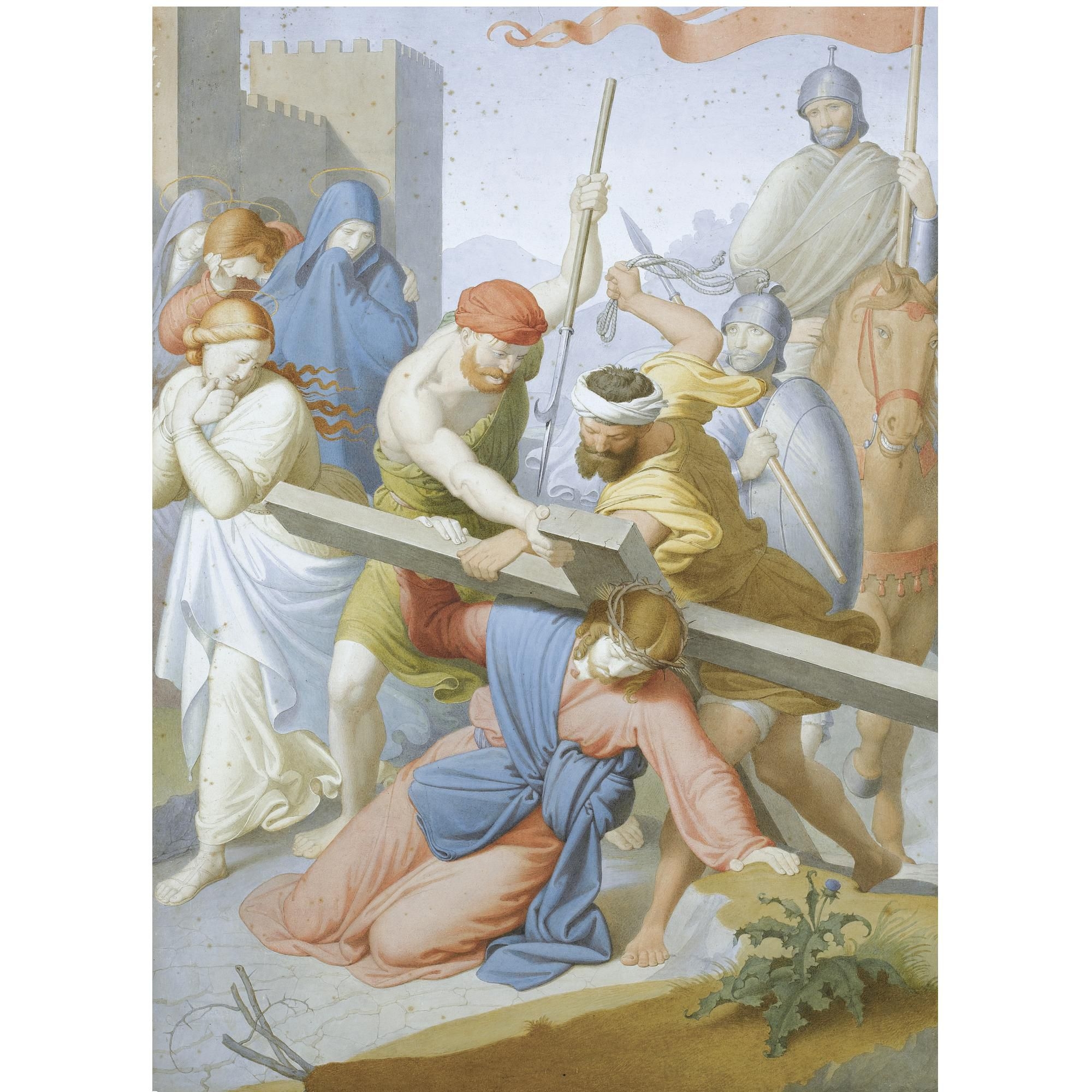 Artwork by Johann Friedrich Overbeck, the way to calvary, Made of Watercolor heightened with gold, over black chalk; bears pencil inscription, verso : S. B.o. Arg grande al netto