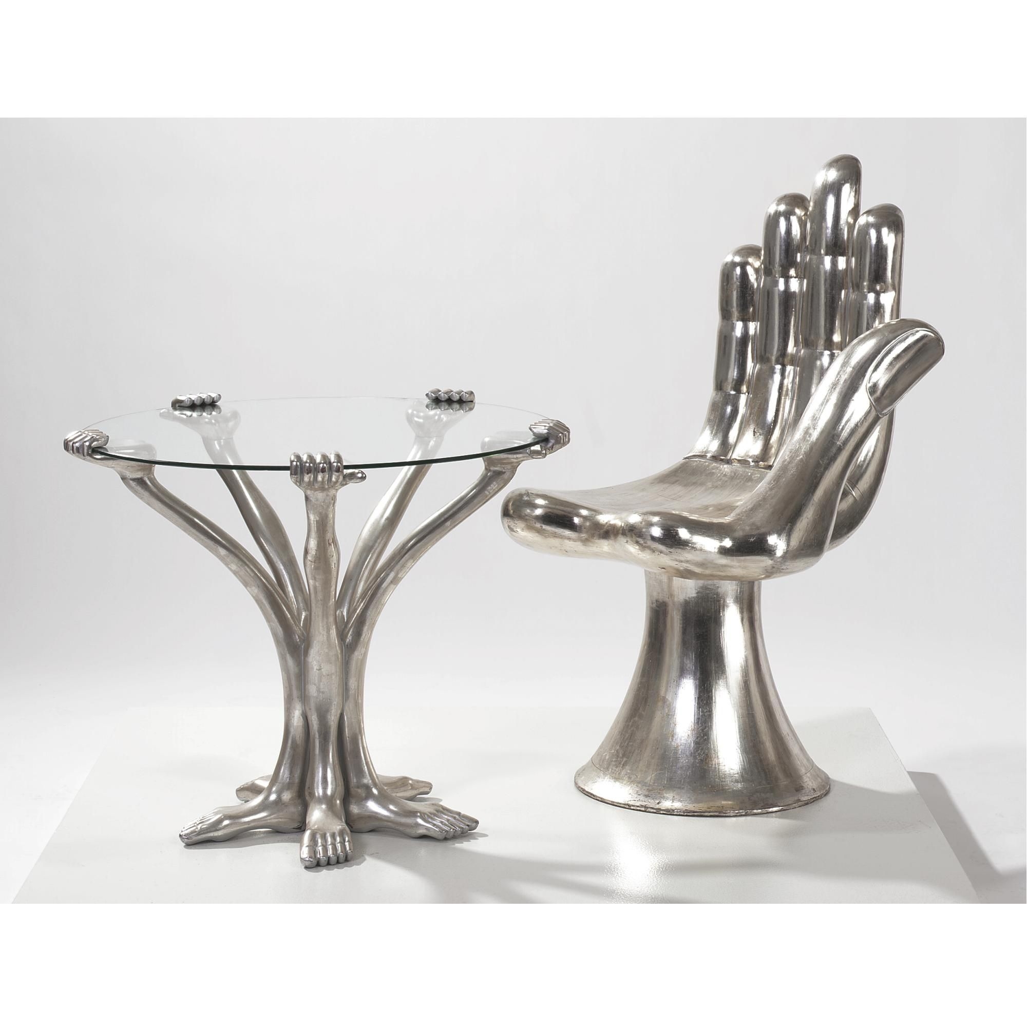 Artwork by Pedro Friedeberg, Table and Chair Set, Made of wood with silver gilding; also glass for the table