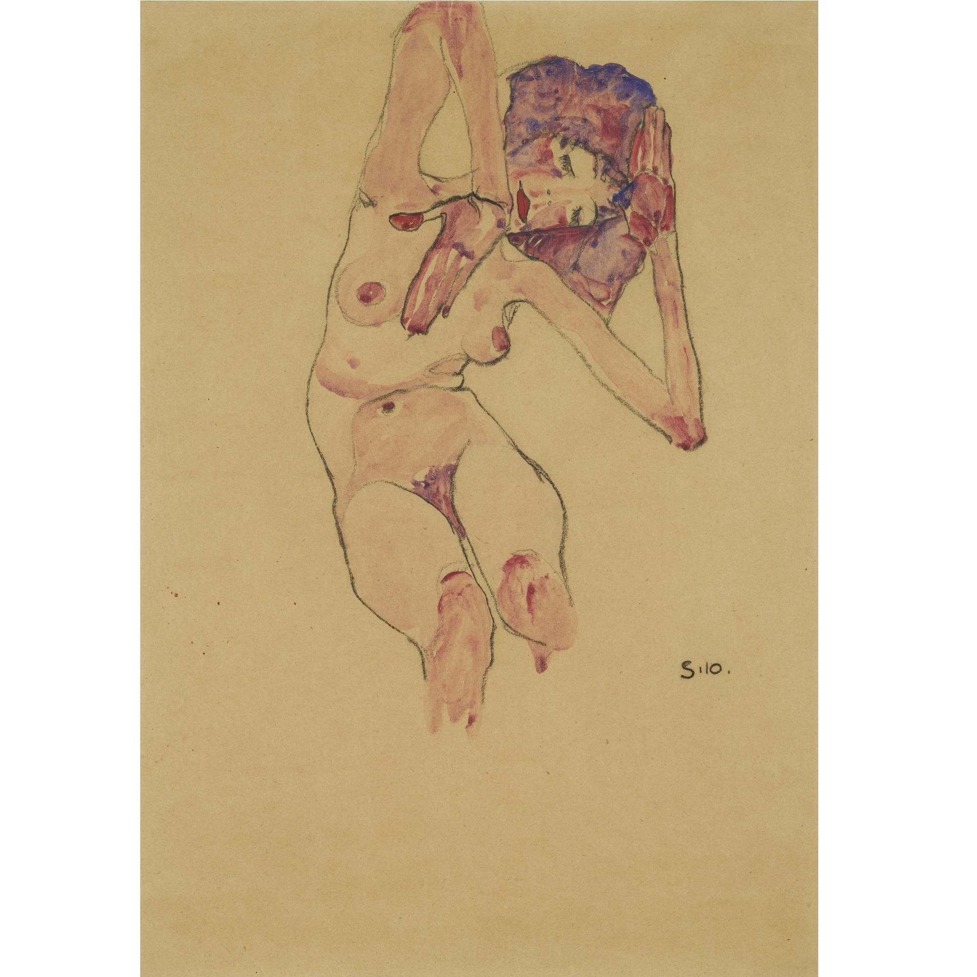 SITZENDER FRAUENAKT MIT GENEIGTEM KOPF UND ERHOBENEN ARMEN (SEATED FEMALE NUDE WITH TILTED HEAD AND RAISED ARMS) by Egon Schiele, FullFormat:,year,1910