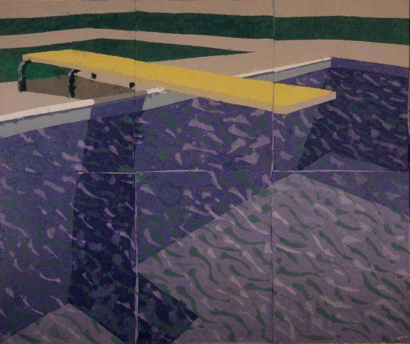 David Hockney | DIVING BOARD WITH STILL WATER ON BLUE PAPER | MutualArt