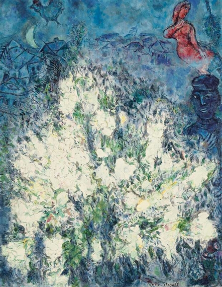 A vibrant nocturnal landscape featuring a luminous field of white flowers under a starry blue sky, with silhouetted figures and distant houses.