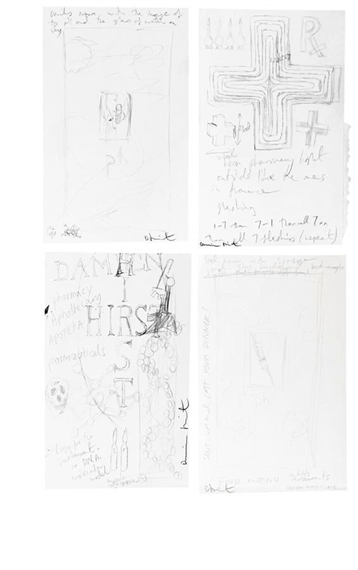 (I) THE PHARMACY CROSS DRAWING (II) DRINKS MENU DRAWING (III) FOOD MENU (SHUT UP AND EAT YOUR DINNER) DRAWING (IV) UNTITLED (NOTES FOR PHARMACY) DRAWING by Damien Hirst, FullFormat:,year,1997