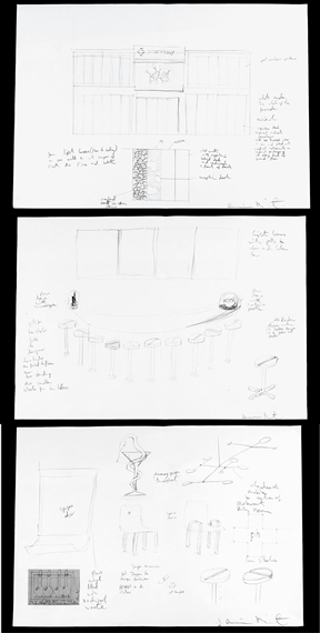 (I) PHARMACY (EXTERIOR VIEW) DRAWING (II) STUDY FOR PILL STOOLS AND LIGHT BOX BAR DRAWING (III) UNTITLED (PHARMACY COMPONENTS) DRAWING by Damien Hirst, FullFormat:,year,1997
