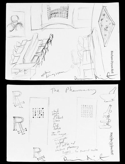 (I) PHARMACY UPSTAIRS DINING ROOM DRAWING (II) THE PHARMACY (SPOT DOORS AND SYMBOL) DRAWING by Damien Hirst, FullFormat:,year,1997
