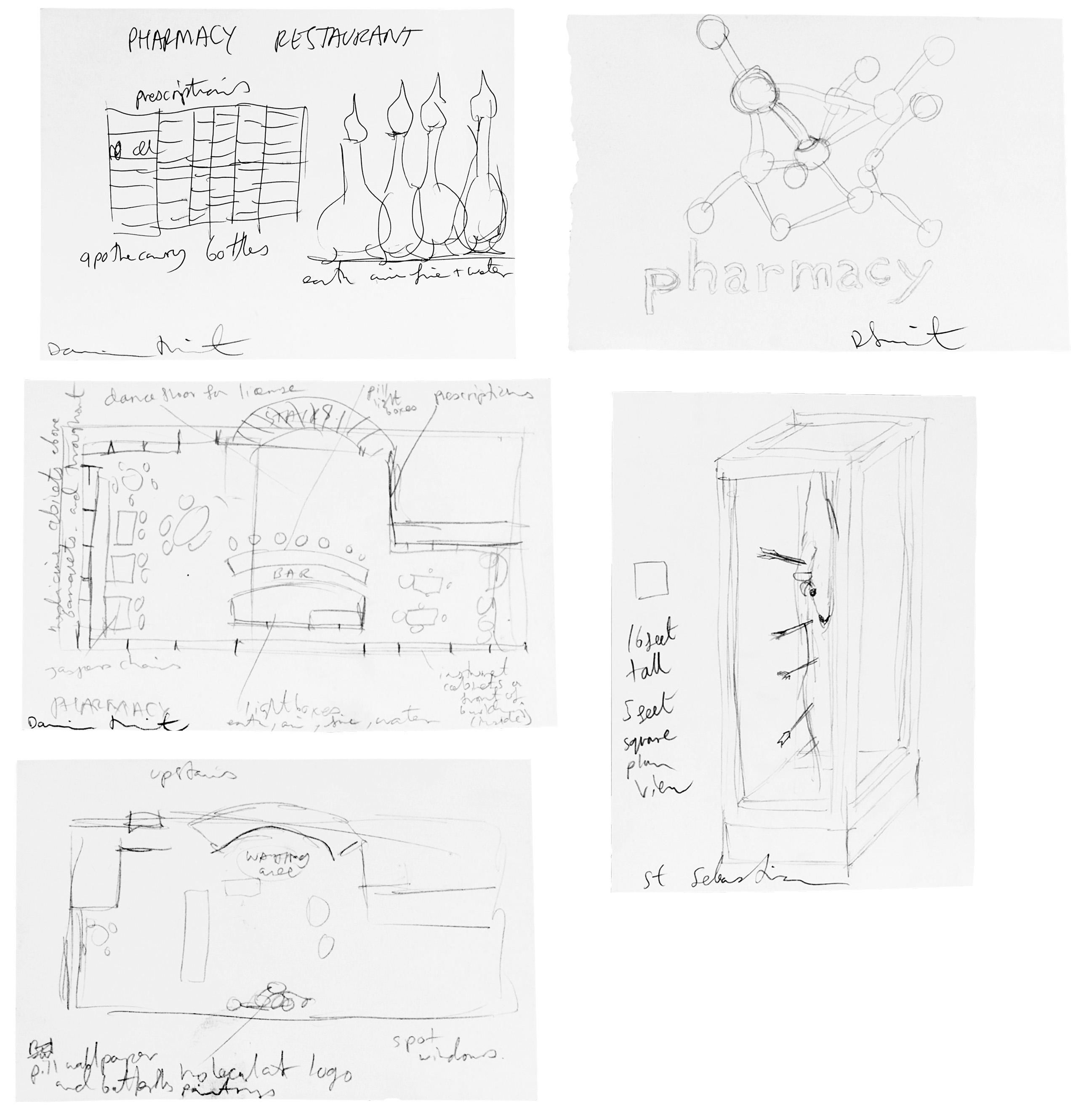 Artwork by Damien Hirst, (I) PRESCRIPTIONS AND THE FOUR ELEMENTS / ST. SEBASTIAN DRAWING (II) THE MOLECULAR STRUCTURE DRAWING (III) DOWNSTAIRS / UPSTAIRS DRAWING, Made of Pencil on paper
