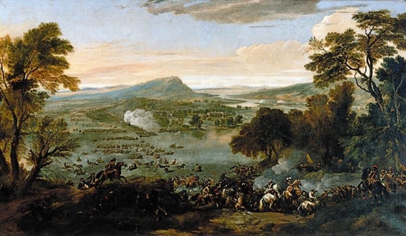 Jan Wyck | AN EXTENSIVE LANDSCAPE WITH AN ARMY FORDING A LARGE RIVER ...