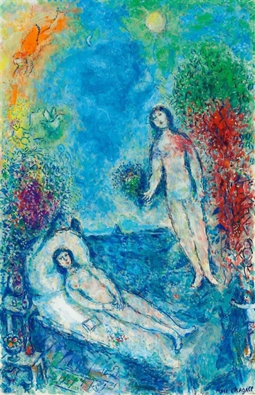 A vibrant expressionist painting featuring a reclining figure and a standing figure amidst a colorful, dreamlike landscape.