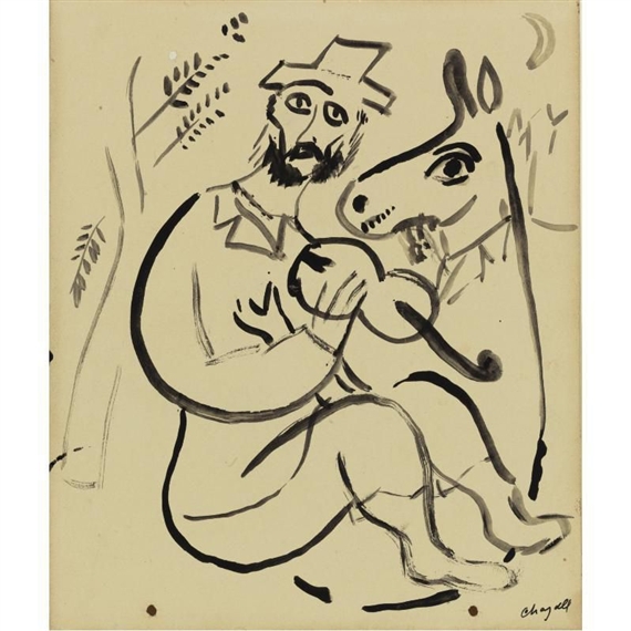 A sketch of a bearded figure in a hat holding a horse's head.
