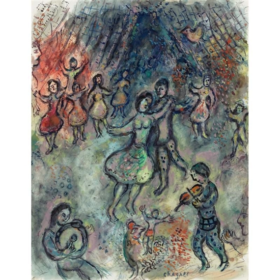 A vibrant, expressive scene of a group of figures dancing and playing music in a colorful, abstract setting.