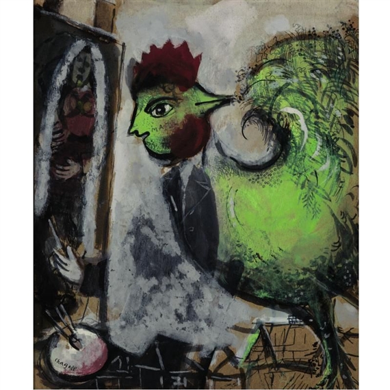 A surreal portrait of a rooster-like figure in a suit, blending organic and formal elements.