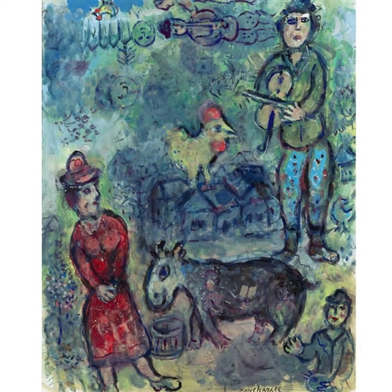 A vibrant, expressive scene featuring a woman in red, a musician, and farm animals against a textured blue-green background.