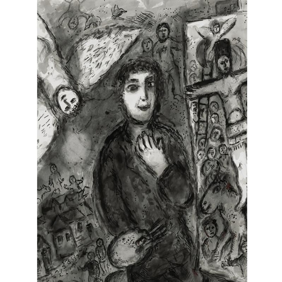 A monochromatic sketch of a central figure holding a palette, surrounded by chaotic religious and urban imagery.