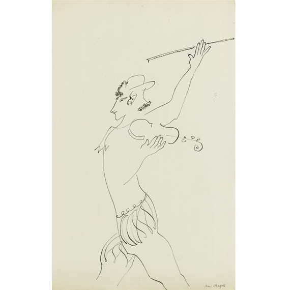 A minimalist line drawing of a figure in dynamic motion, holding a long stick.
