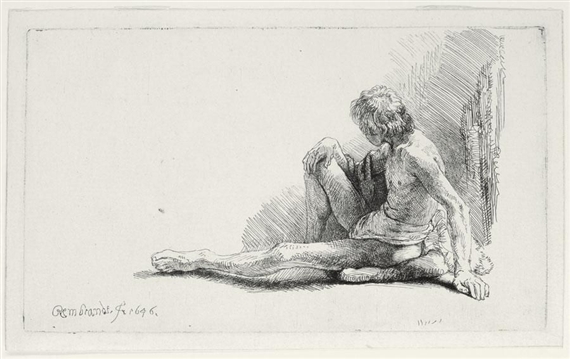 A NUDE MAN SEATED ON THE GROUND WITH ONE LEG EXTENDED (B. 196, HOLL. 196; H. 221; BB. 46C)
