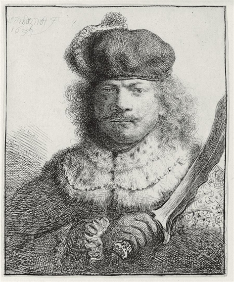 SELF-PORTRAIT WITH RAISED SABRE (B., HOLL. 18; H. 109; BB. 34-A)