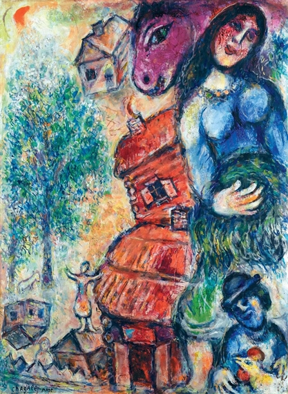 A vibrant, expressionist painting featuring a large blue figure and surreal architectural forms.