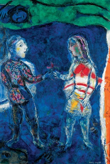 A vibrant abstract painting of two figures reaching toward each other against a deep blue background.