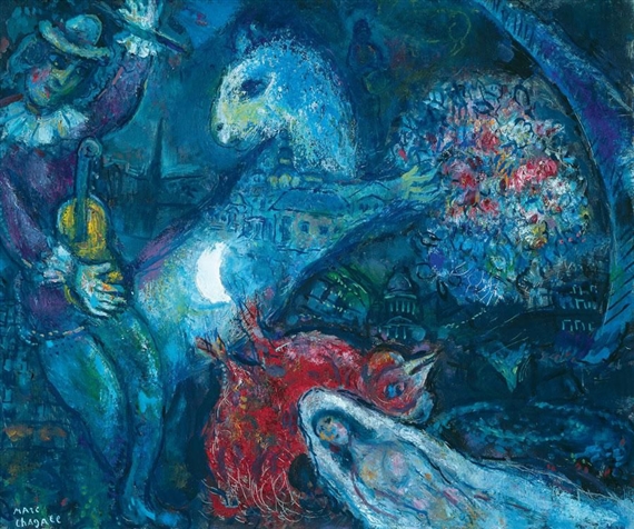 A surreal composition featuring a jester, a horse, and a red bird against a deep blue backdrop.