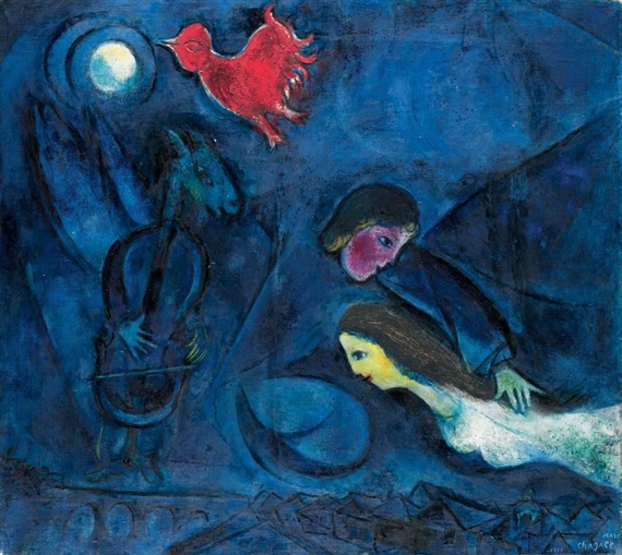 A dreamlike composition of figures and a red bird against a deep blue background.
