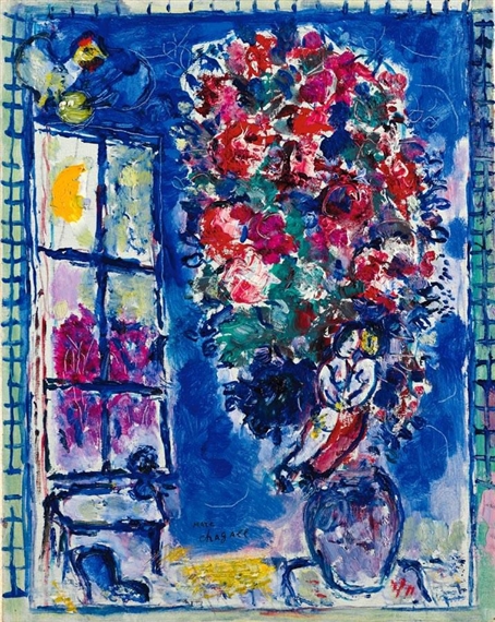 A vibrant still life featuring a large bouquet of flowers and a seated figure in a windowed room.