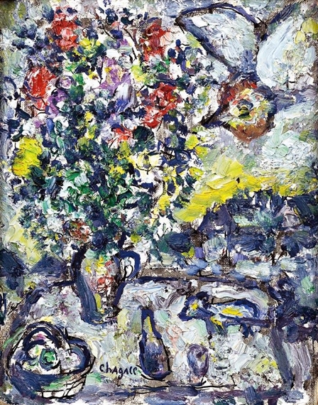 A vibrant still life featuring a colorful bouquet of flowers, a basket, and glassware on a table.