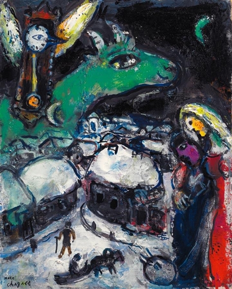 A surreal winter scene featuring a green dragon-like creature, a clock tower, and figures in a snowy village.