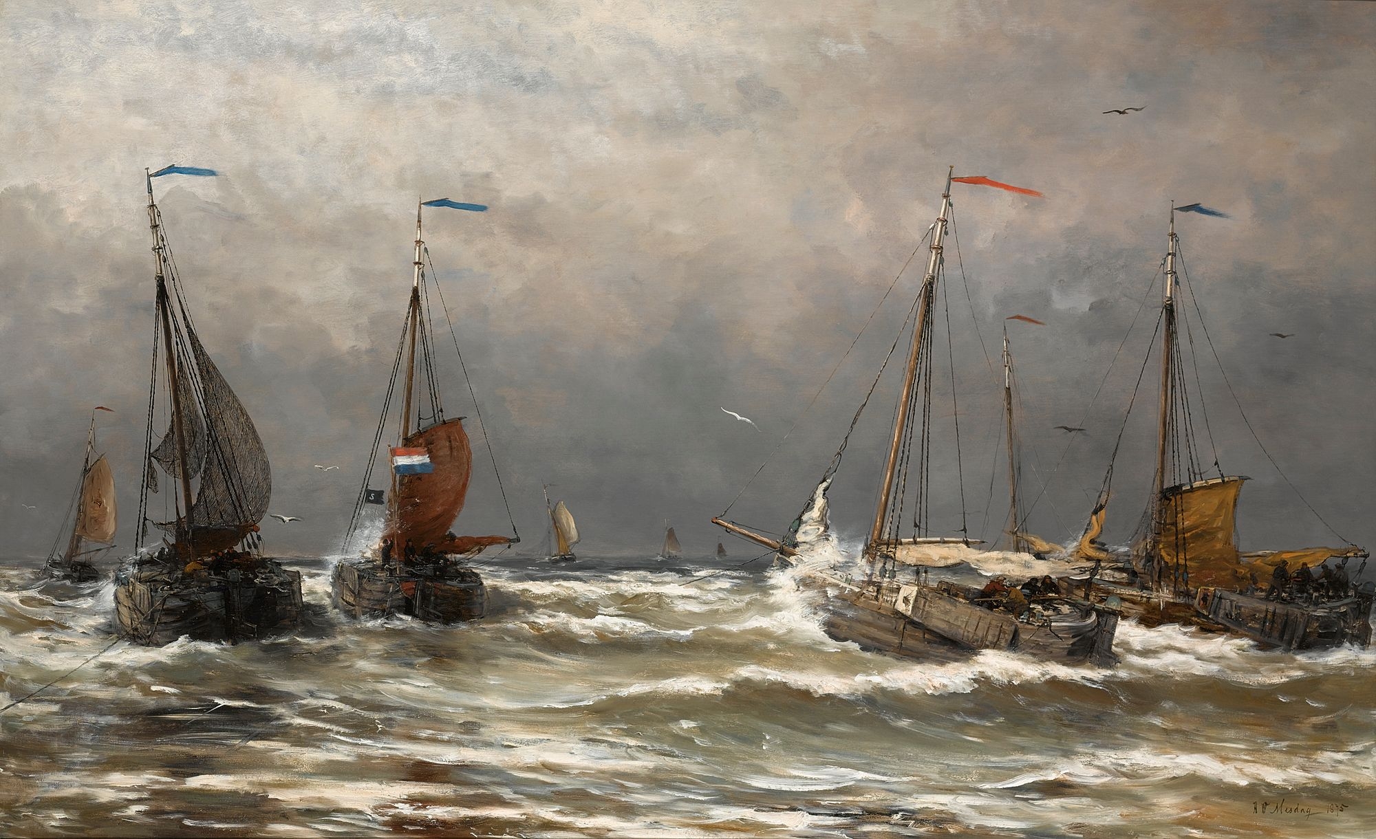 Artwork by Hendrik Willem Mesdag, bomschuiten at sea, Made of oil on canvas