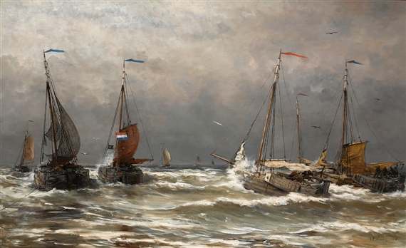 bomschuiten at sea by Hendrik Willem Mesdag